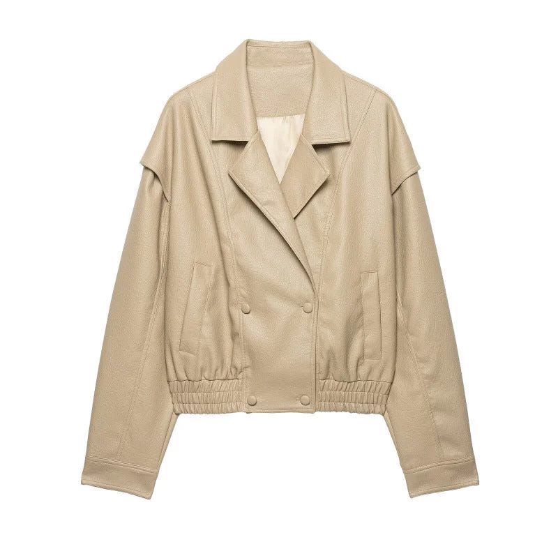 Damen Cropped Lederimitat-Blouson mit doppelreihiger Knopfleiste, weitem Revers und elastischem Saum Echo Archiv