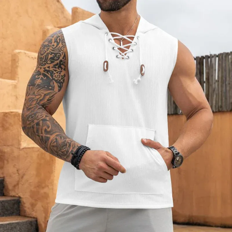 Herren ärmelloses Kapuzenshirt mit Schnürung – Cavarno